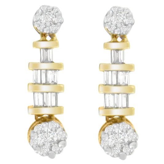 14K Yellow Gold 3/4ct. TDW Round and Baguette-cut Diamond Earrings(H-I,SI1-SI2) - Bijoux-NYC Direct