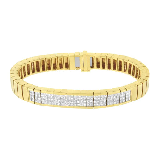 14K Yellow Gold 3 5/8 cttw Invisible Set Princess-Cut Diamond ID Tennis Bracelet (I-J Color, SI1-SI2 Clarity) - Size 7" - Bijoux-NYC Direct