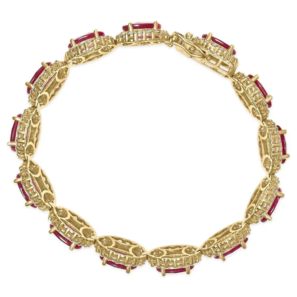 14k yellow gold 6 2/5 cttw diamond and 34.0 oval red ruby halo link bracelet (i j color si1 si2 clarity) 7.25’’ inches