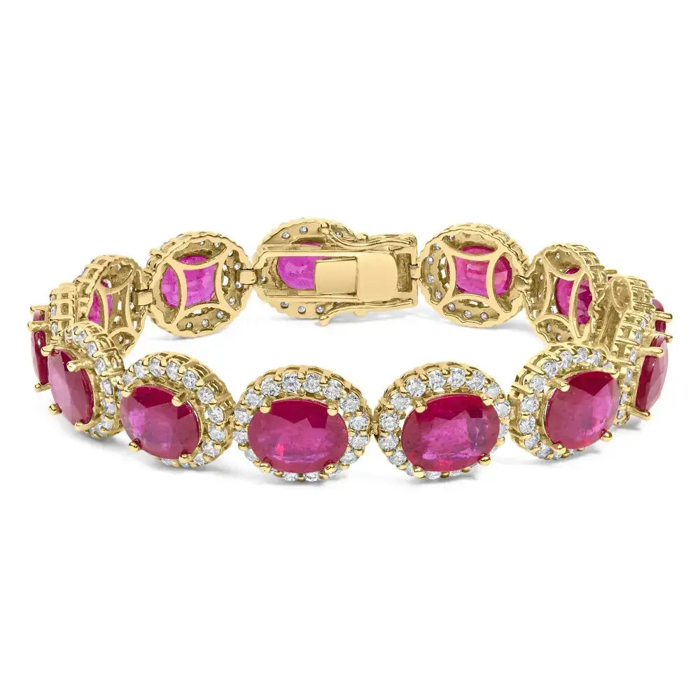14K Yellow Gold 6 2/5 Cttw Diamond and 34.0 Cttw Oval Red Ruby Halo Link Bracelet (I-J Color, SI1-SI2 Clarity) - 7.25