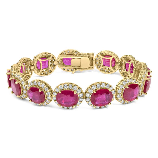 14k yellow gold 6 2/5 cttw diamond and 34.0 oval red ruby halo link bracelet (i j color si1 si2 clarity) 7.25’’ inches