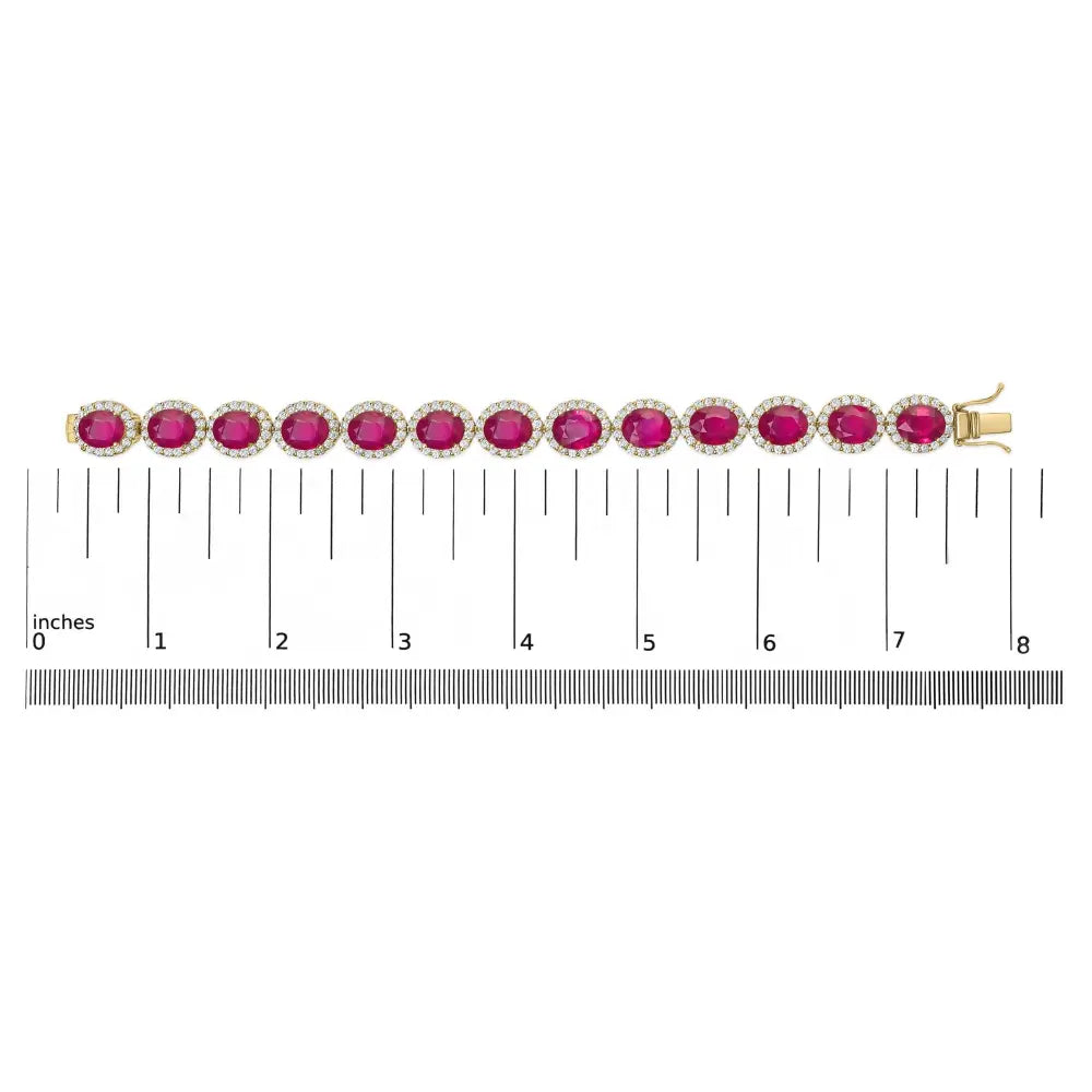 14k yellow gold 6 2/5 cttw diamond and 34.0 oval red ruby halo link bracelet (i j color si1 si2 clarity) 7.25’’ inches