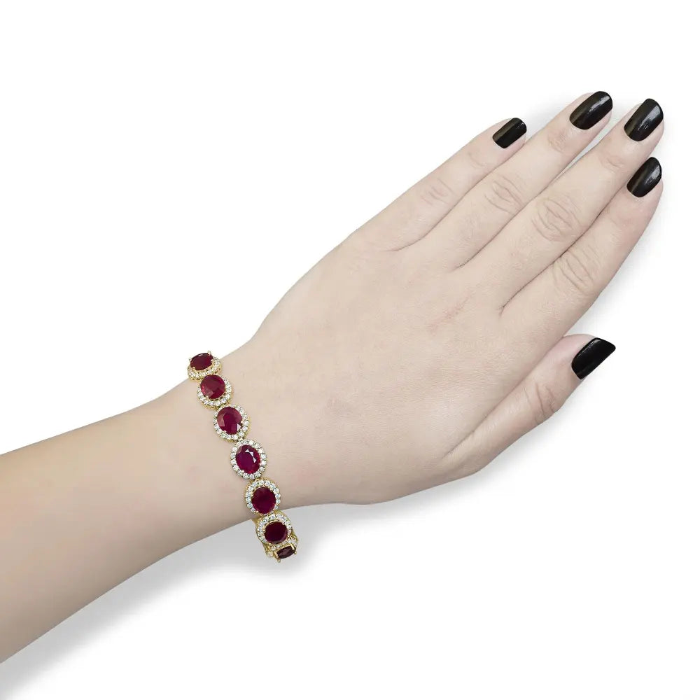14k yellow gold 6 2/5 cttw diamond and 34.0 oval red ruby halo link bracelet (i j color si1 si2 clarity) 7.25’’ inches