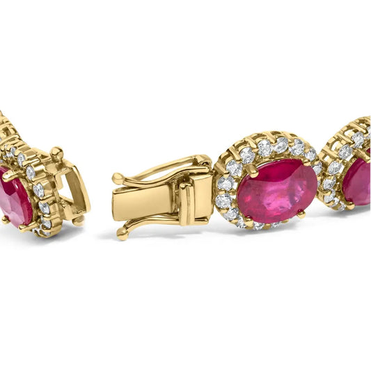 14k yellow gold 6 2/5 cttw diamond and 34.0 oval red ruby halo link bracelet (i j color si1 si2 clarity) 7.25’’ inches