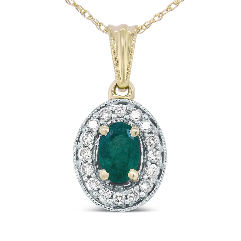 14K Yellow Gold 6x4mm Emerald and 1/5 Cttw Round Diamond Halo Pendant 18" Necklace - (H-I Color, SI1-SI2 Clarity) - Bijoux-NYC Direct