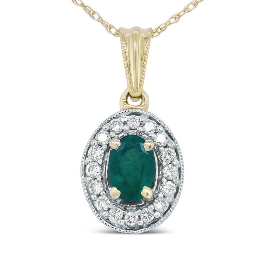 14K Yellow Gold 6x4mm Emerald and 1/5 Cttw Round Diamond Halo Pendant 18" Necklace - (H-I Color, SI1-SI2 Clarity) - Bijoux-NYC Direct