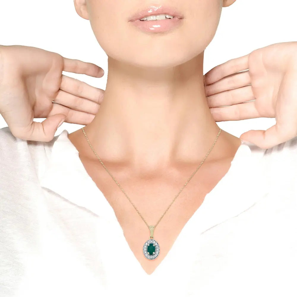 14K Yellow Gold 6x4mm Emerald and 1/5 Cttw Round Diamond Halo Pendant 18" Necklace - (H-I Color, SI1-SI2 Clarity) - Bijoux-NYC Direct