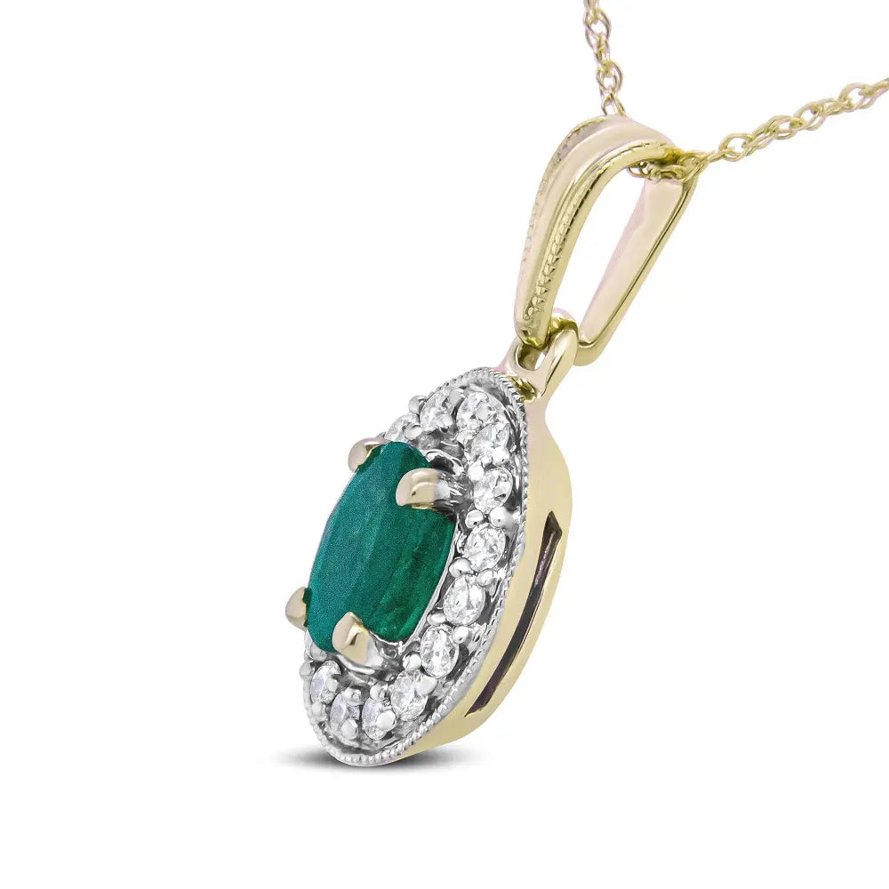 14K Yellow Gold 6x4mm Emerald and 1/5 Cttw Round Diamond Halo Pendant 18" Necklace - (H-I Color, SI1-SI2 Clarity) - Bijoux-NYC Direct