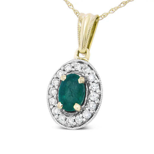 14K Yellow Gold 6x4mm Emerald and 1/5 Cttw Round Diamond Halo Pendant 18" Necklace - (H-I Color, SI1-SI2 Clarity) - Bijoux-NYC Direct