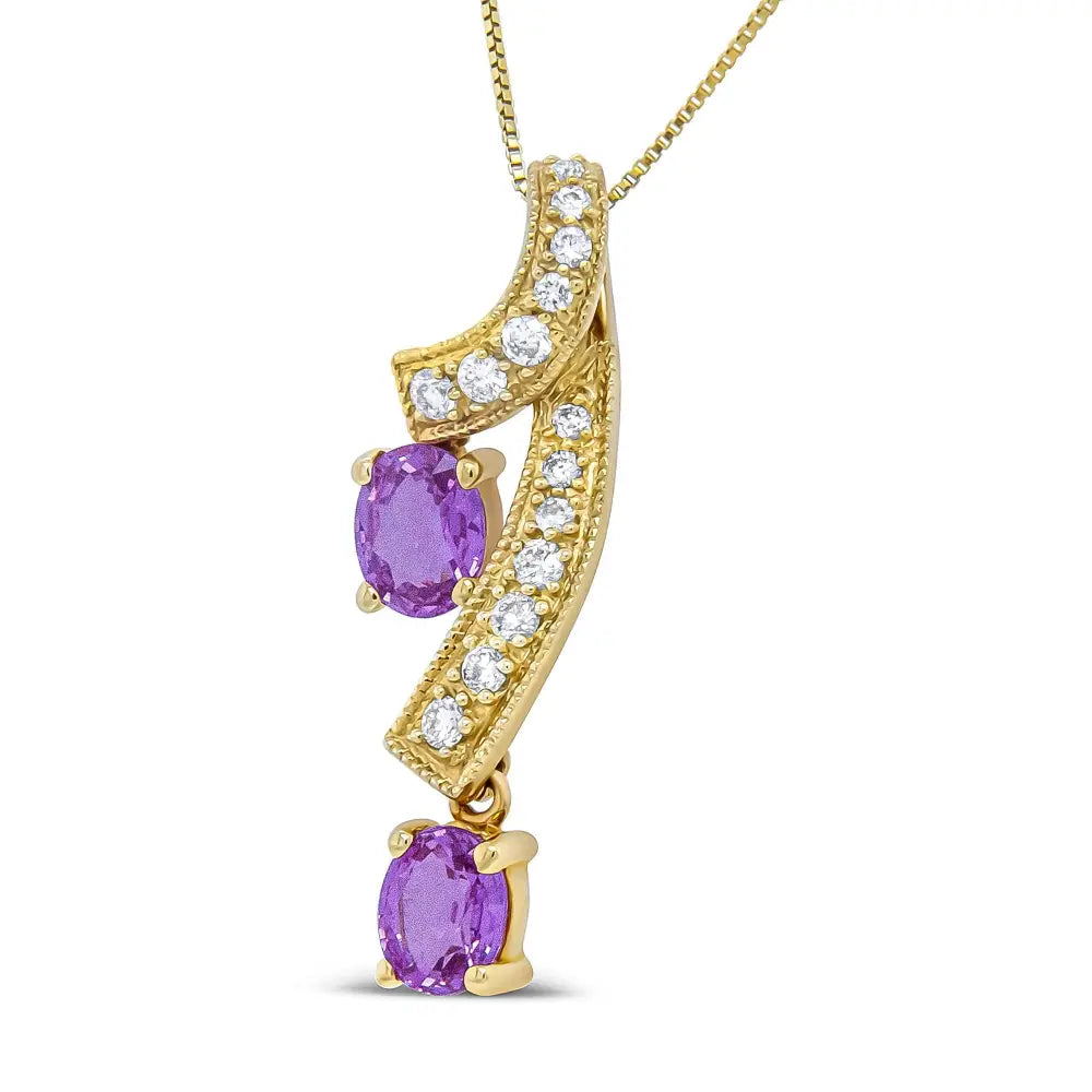 14k yellow gold oval pink sapphire and diamond ribbon twist pendant necklace bijoux-nyc direct