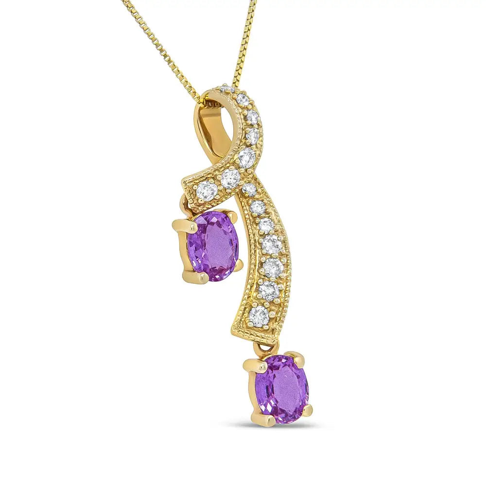 14k yellow gold oval pink sapphire and diamond ribbon twist pendant necklace bijoux-nyc direct