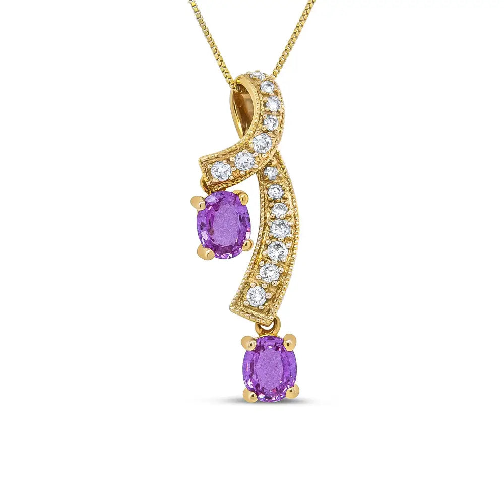 14k yellow gold oval pink sapphire and diamond ribbon twist pendant necklace bijoux-nyc direct