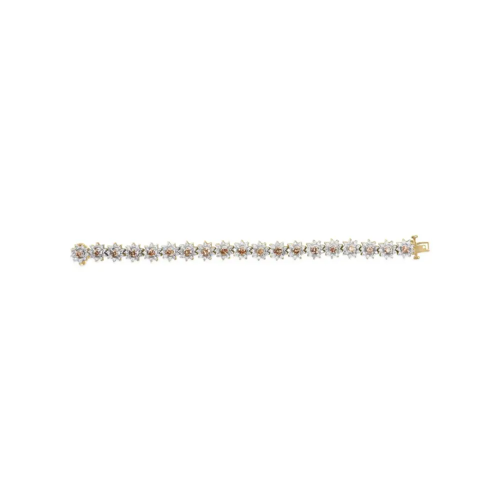 14K Yellow Gold 8.00 Cttw Champagne Diamond Floral Cluster Halo Link Bracelet (H-I Color, I1-I2 Clarity) - Bijoux-NYC Direct