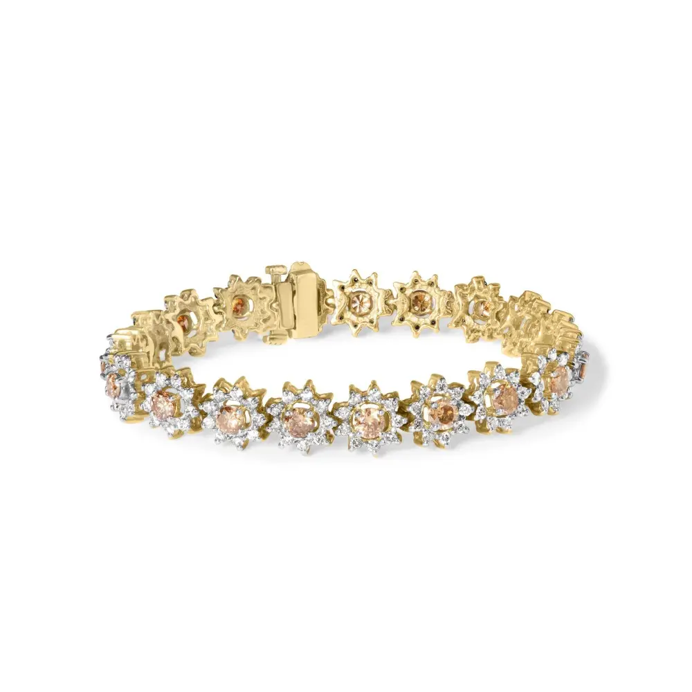 14K Yellow Gold 8.00 Cttw Champagne Diamond Floral Cluster Halo Link Bracelet (H-I Color, I1-I2 Clarity) - Bijoux-NYC Direct