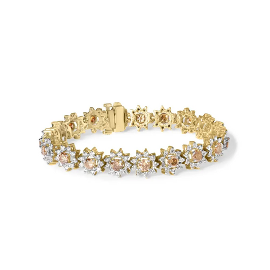 14K Yellow Gold 8.00 Cttw Champagne Diamond Floral Cluster Halo Link Bracelet (H-I Color, I1-I2 Clarity) - Bijoux-NYC Direct