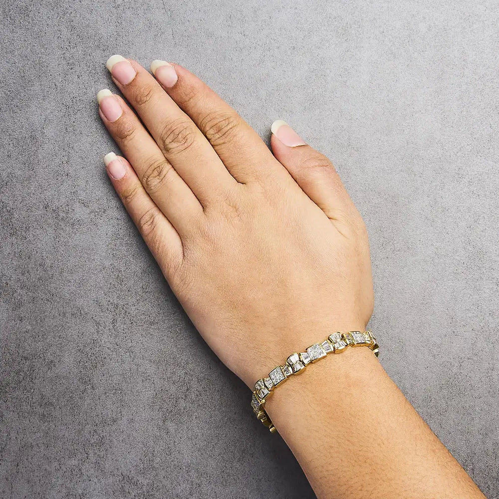 14k yellow gold 9 7/8 cttw princess and baguette diamond tennis bracelet bijoux-nyc direct