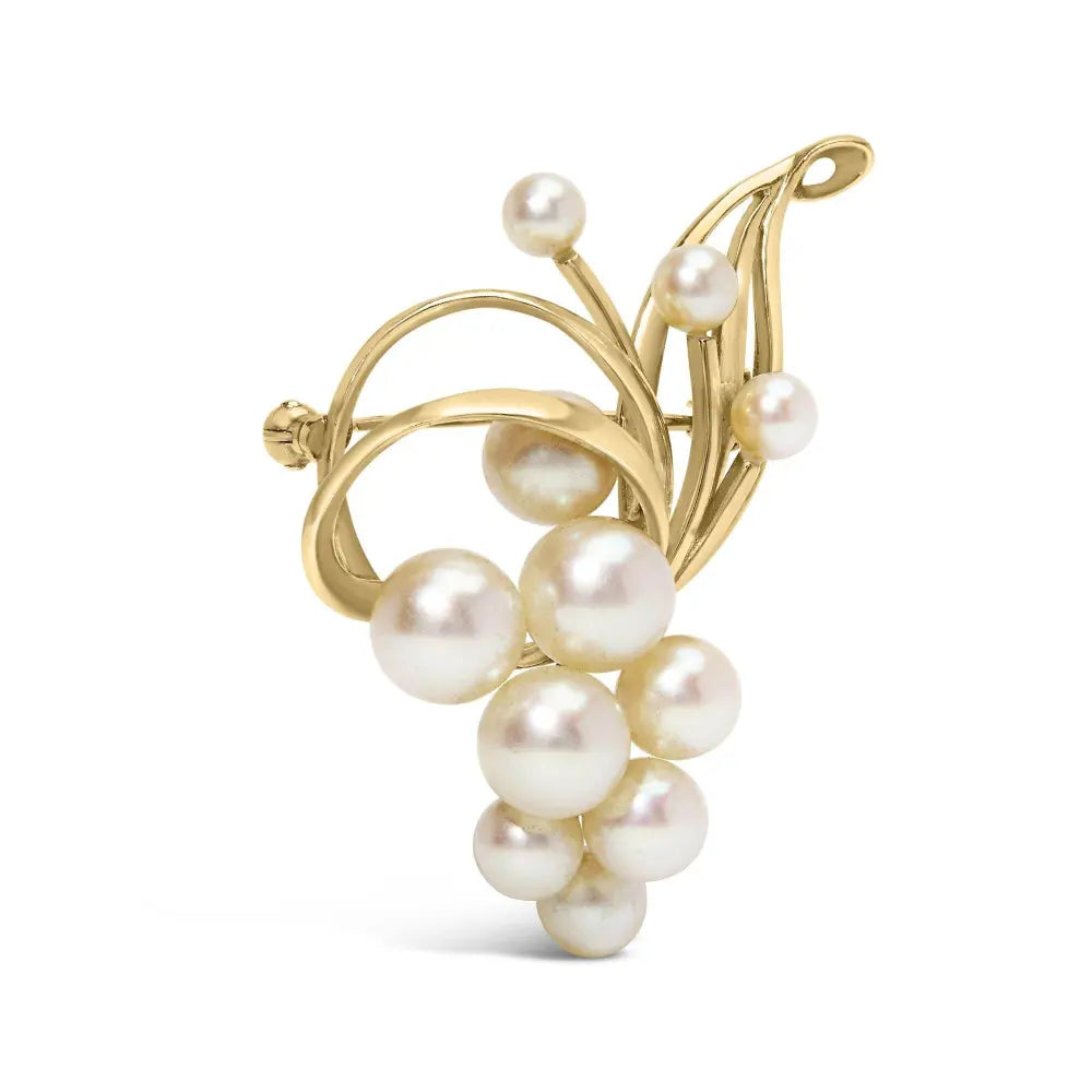 14K Yellow Gold Akoya Cultured Pearl Cluster Swirl Brooch Pin - Bijoux-NYC Direct