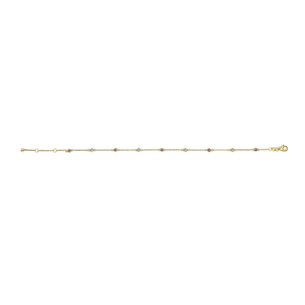 14k yellow gold alternating red ruby and white diamond bezel station chain bracelet (i j color si2 i1 clarity) 8’’ inches