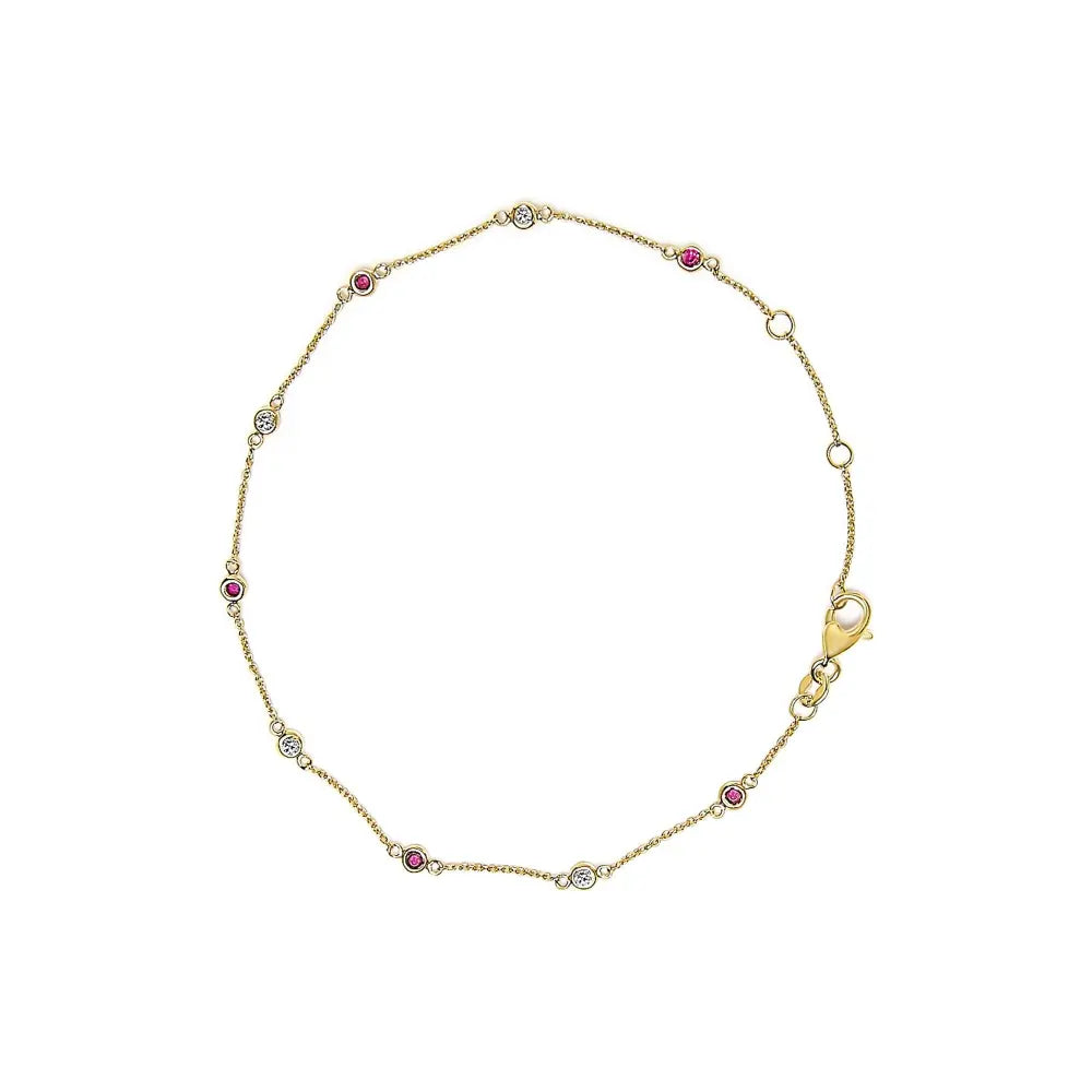 14k yellow gold alternating red ruby and white diamond bezel station chain bracelet (i j color si2 i1 clarity) 8’’ inches
