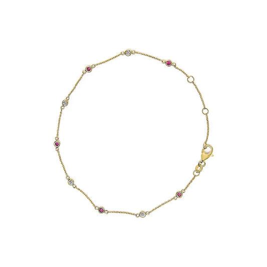 14k yellow gold alternating red ruby and white diamond bezel station chain bracelet (i j color si2 i1 clarity) 8’’ inches