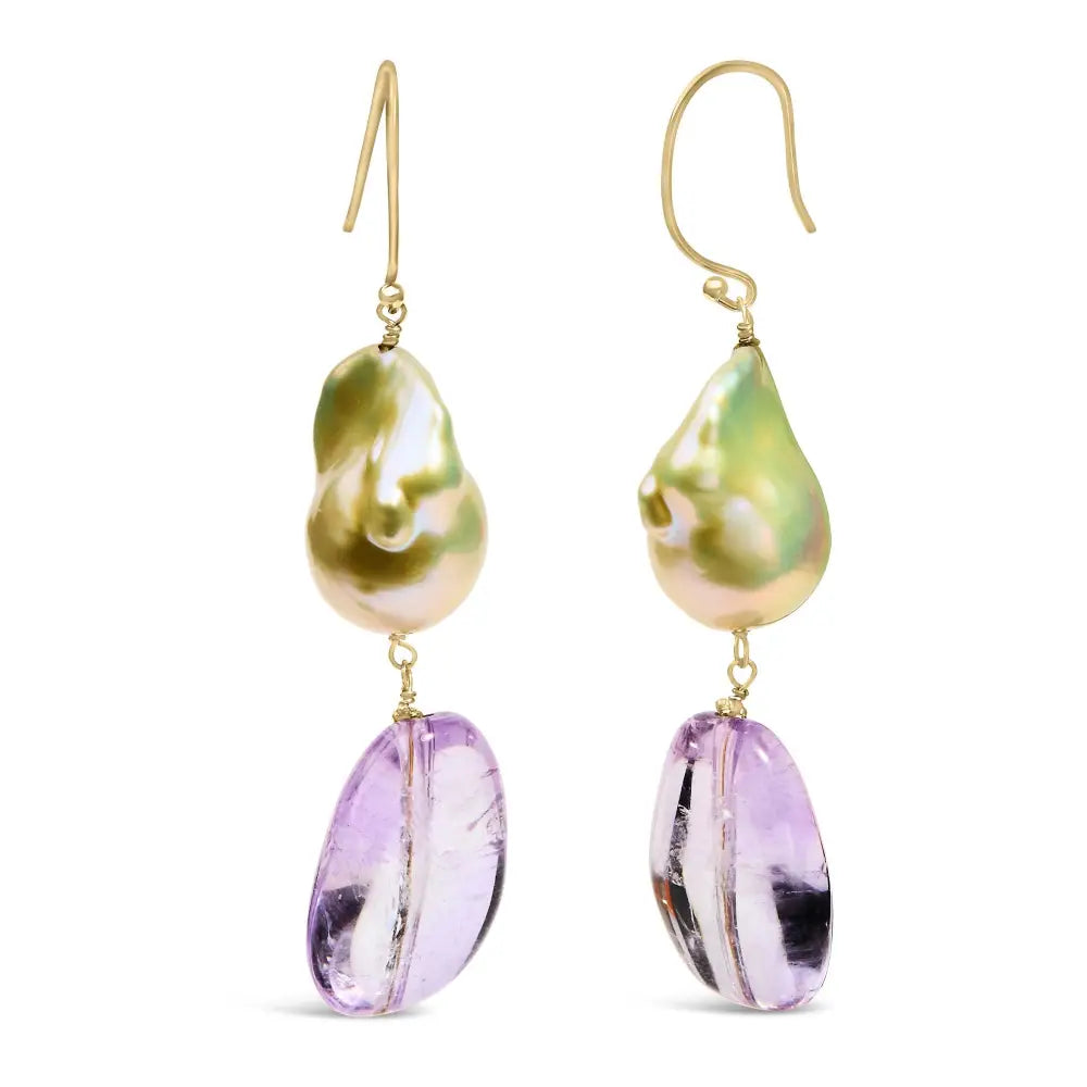 14k yellow gold amethyst and baroque pearl 2 inch drop earrings bijoux-nyc direct
