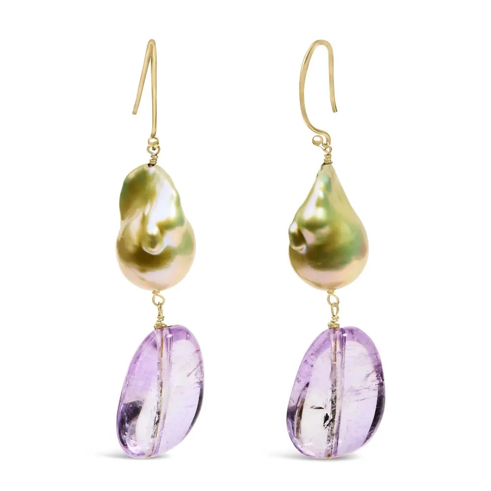 14k yellow gold amethyst and baroque pearl 2 inch drop earrings bijoux-nyc direct