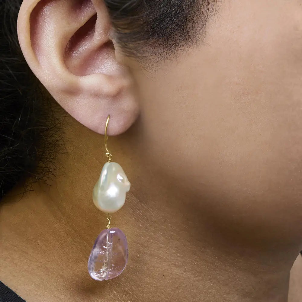 14k yellow gold amethyst and baroque pearl 2 inch drop earrings bijoux-nyc direct