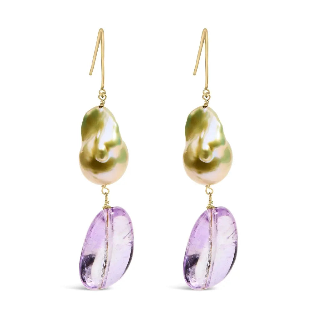 14k yellow gold amethyst and baroque pearl 2 inch drop earrings bijoux-nyc direct