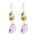 14k yellow gold amethyst and baroque pearl 2 inch drop earrings bijoux-nyc direct