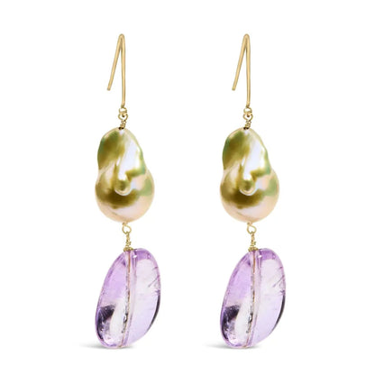 14k yellow gold amethyst and baroque pearl drop dangle earrings 2’’ inch length earrings/earrings/dangle handcrafted