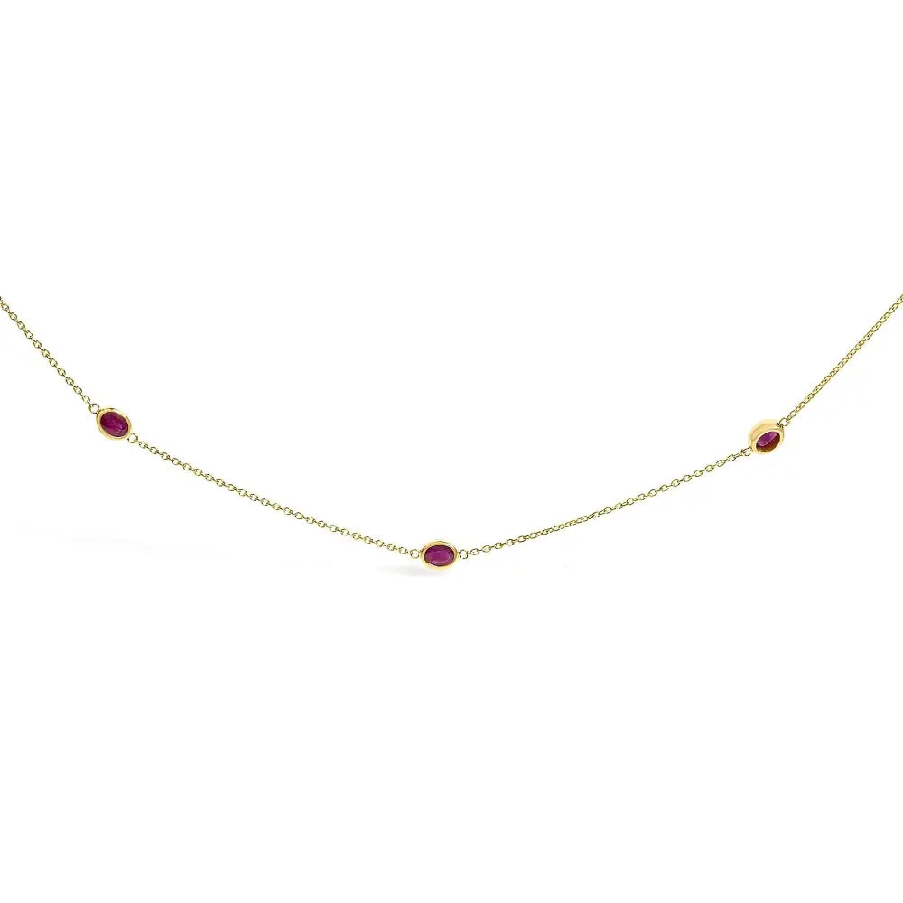 14k yellow gold 7 ruby oval bezel station necklace 18 inches bijoux-nyc direct