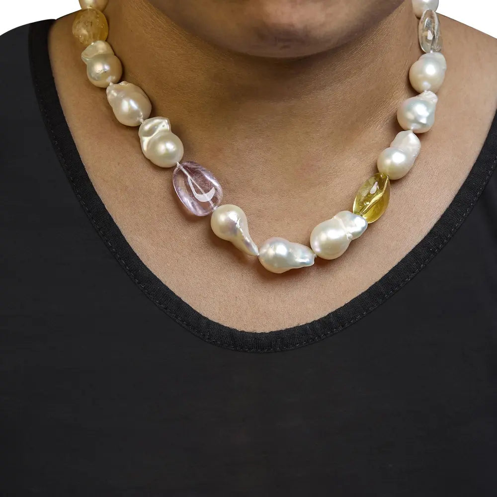 14k yellow gold citrine amethyst and baroque pearl strand necklace 18’’ inches necklaces/non pendant/strands handcrafted