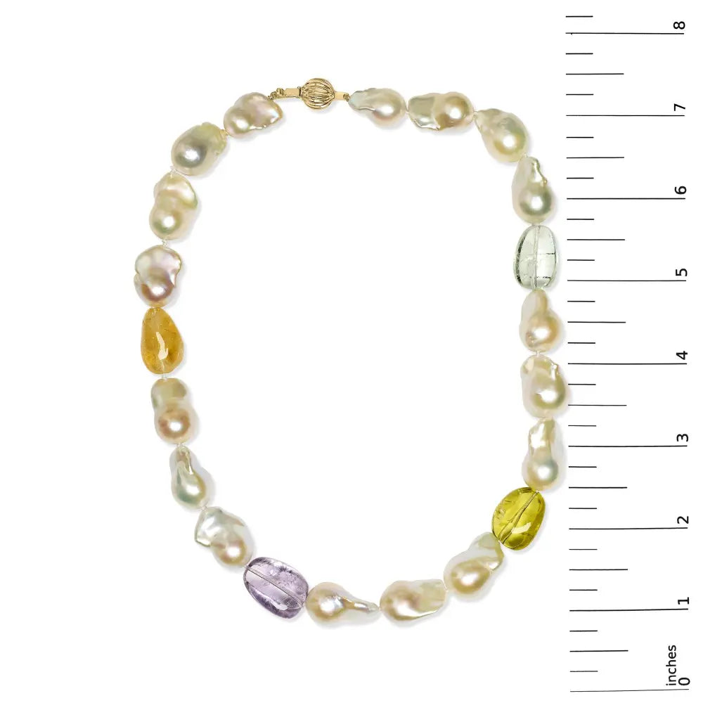 14k yellow gold citrine amethyst and baroque pearl strand necklace 18’’ inches necklaces/non pendant/strands handcrafted