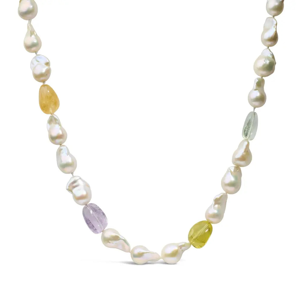 14k yellow gold citrine amethyst and baroque pearl strand necklace 18’’ inches necklaces/non pendant/strands handcrafted