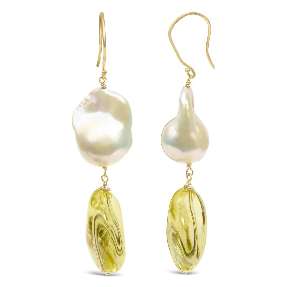 14K Yellow Gold Citrine and Baroque Pearl Drop and Dangle Earrings 1 3/4 Inch Dangle - Bijoux-NYC Direct