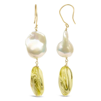 14K Yellow Gold Citrine and Baroque Pearl Drop and Dangle Earrings 1 3/4 Inch Dangle - Bijoux-NYC Direct