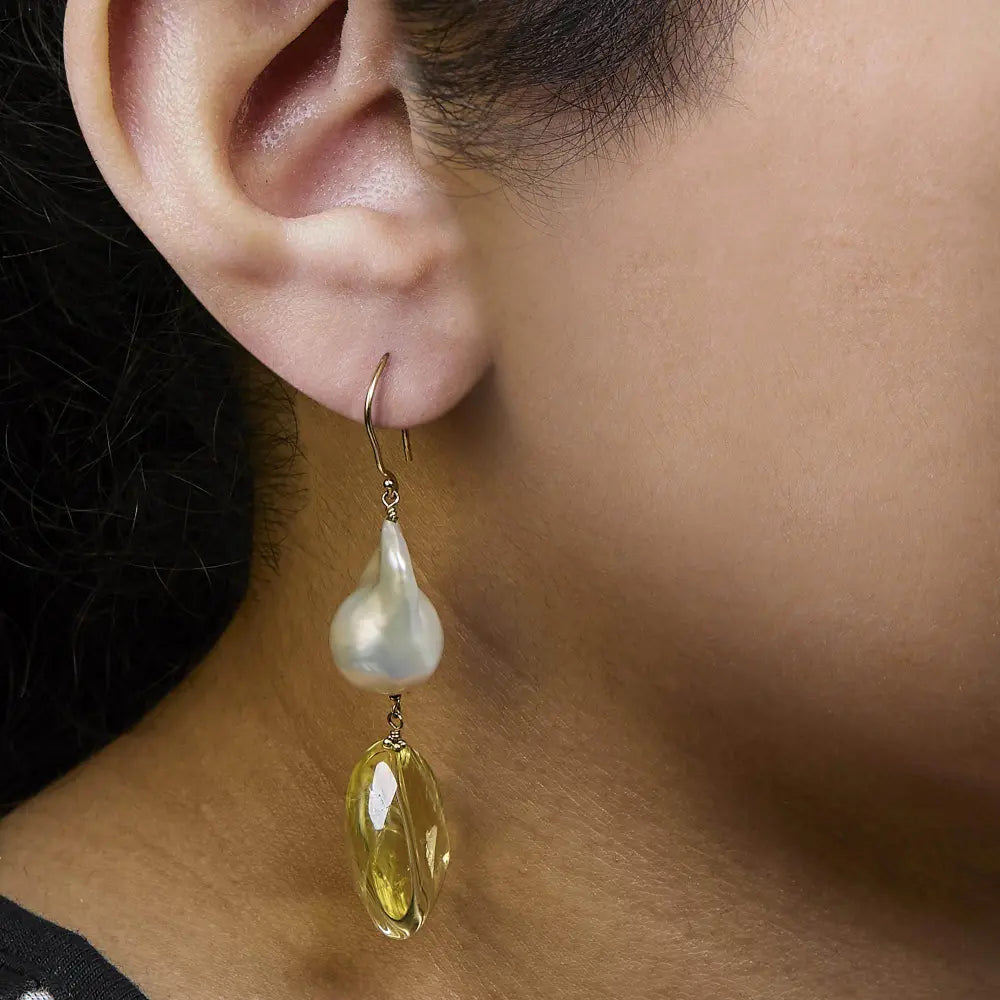 14K Yellow Gold Citrine and Baroque Pearl Drop and Dangle Earrings 1 3/4 Inch Dangle - Bijoux-NYC Direct