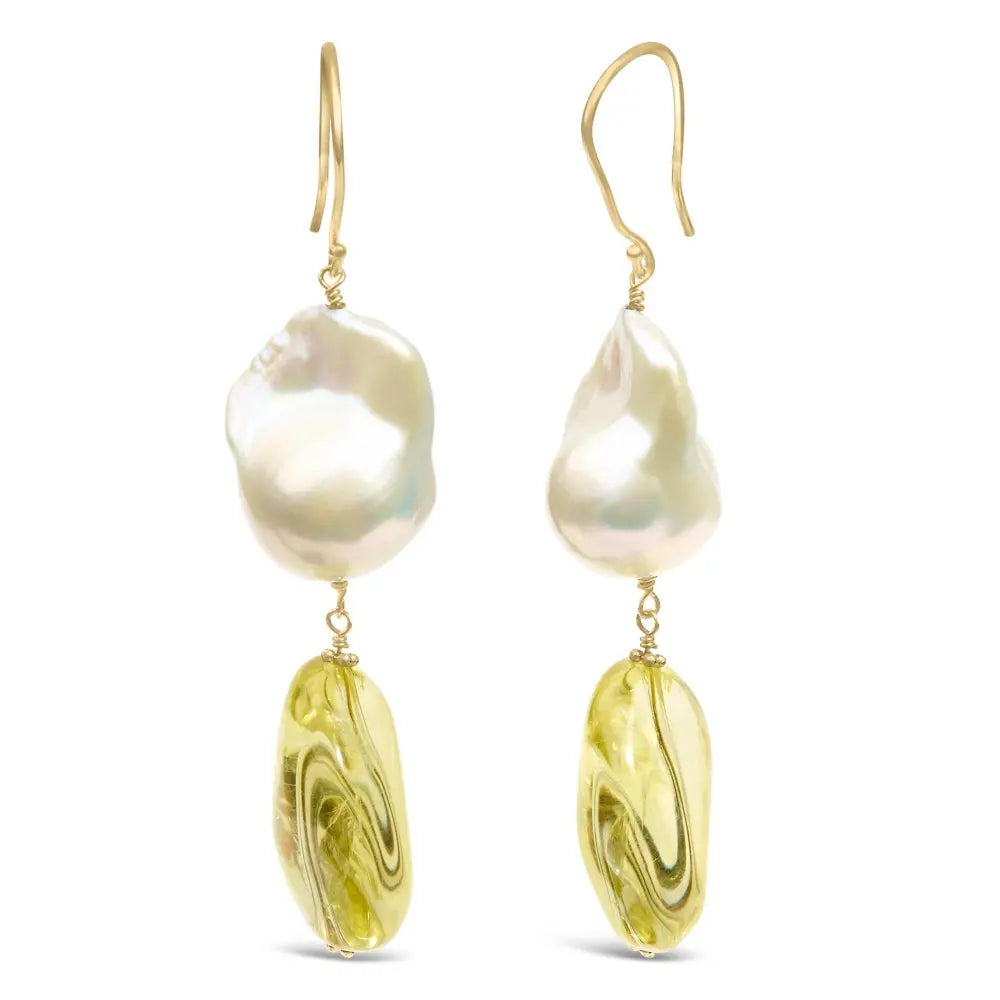 14K Yellow Gold Citrine and Baroque Pearl Drop and Dangle Earrings 1 3/4 Inch Dangle - Bijoux-NYC Direct