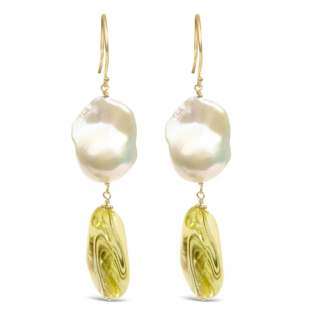 14K Yellow Gold Citrine and Baroque Pearl Drop and Dangle Earrings 1 3/4 Inch Dangle - Bijoux-NYC Direct