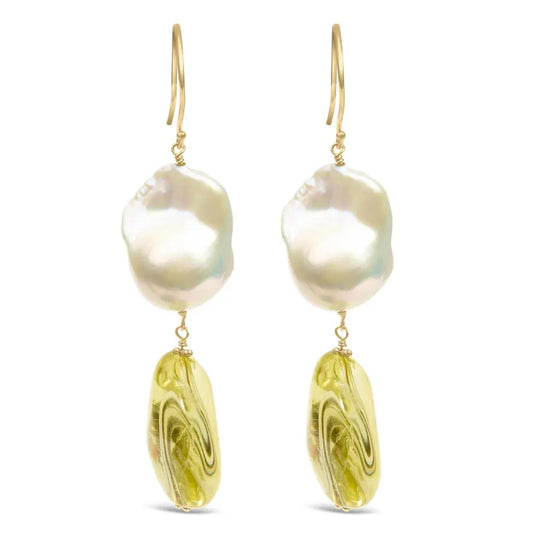 14K Yellow Gold Citrine and Baroque Pearl Drop and Dangle Earrings 1 3/4 Inch Dangle - Bijoux-NYC Direct