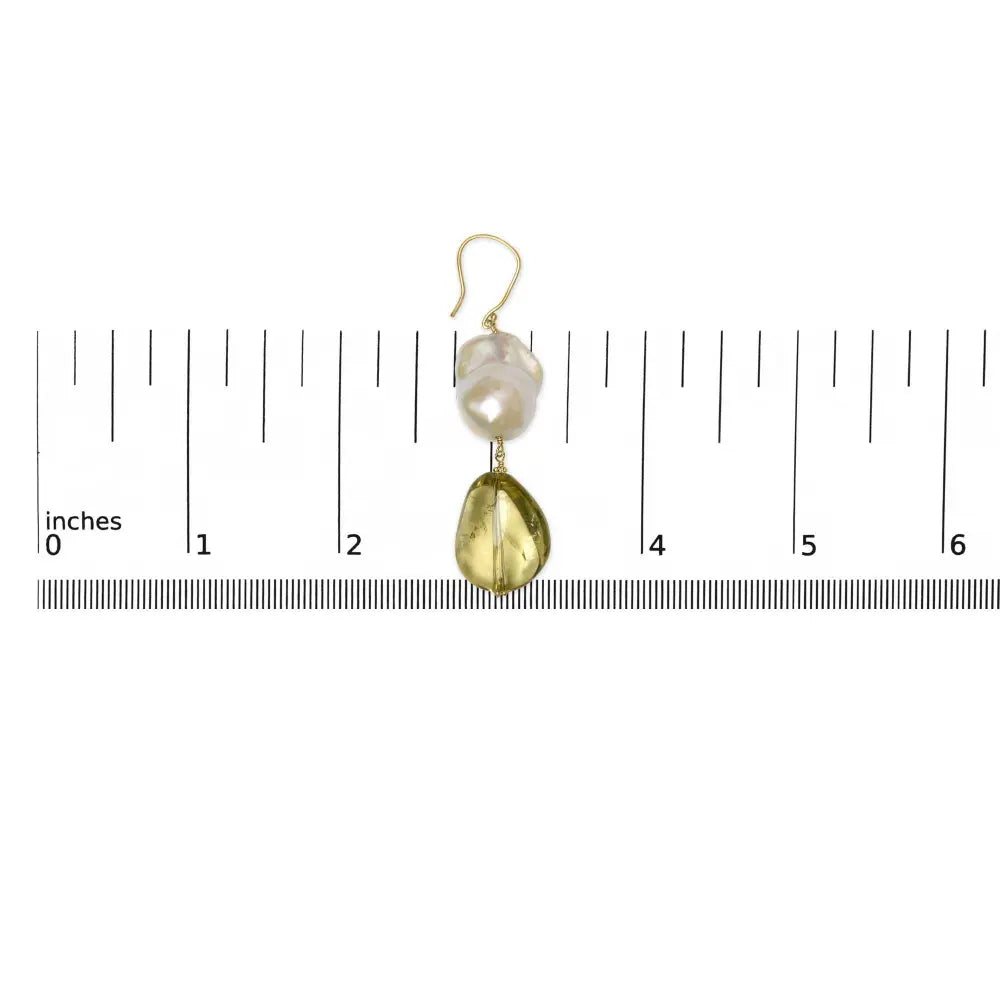 14K Yellow Gold Citrine and Baroque Pearl Drop and Dangle Earrings 1 3/4 Inch Dangle - Bijoux-NYC Direct