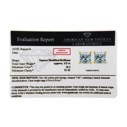 14K Yellow Gold Clarity Enhanced Princess Cut Diamond Certified Stud Earrings (0.50 cttw, H-I Color, I1-I2 Clarity) - Bijoux-NYC Direct