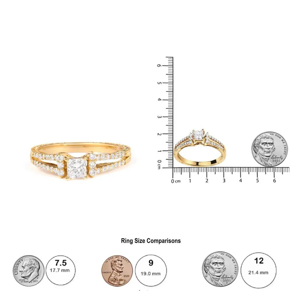 14K Yellow Gold Diamond 5/8 Cttw Princess Diamond Split Shank and Milgrain Engagement Ring (G-H Color, VS2-SI1 Clarity) - Size 7 - Bijoux-NYC Direct