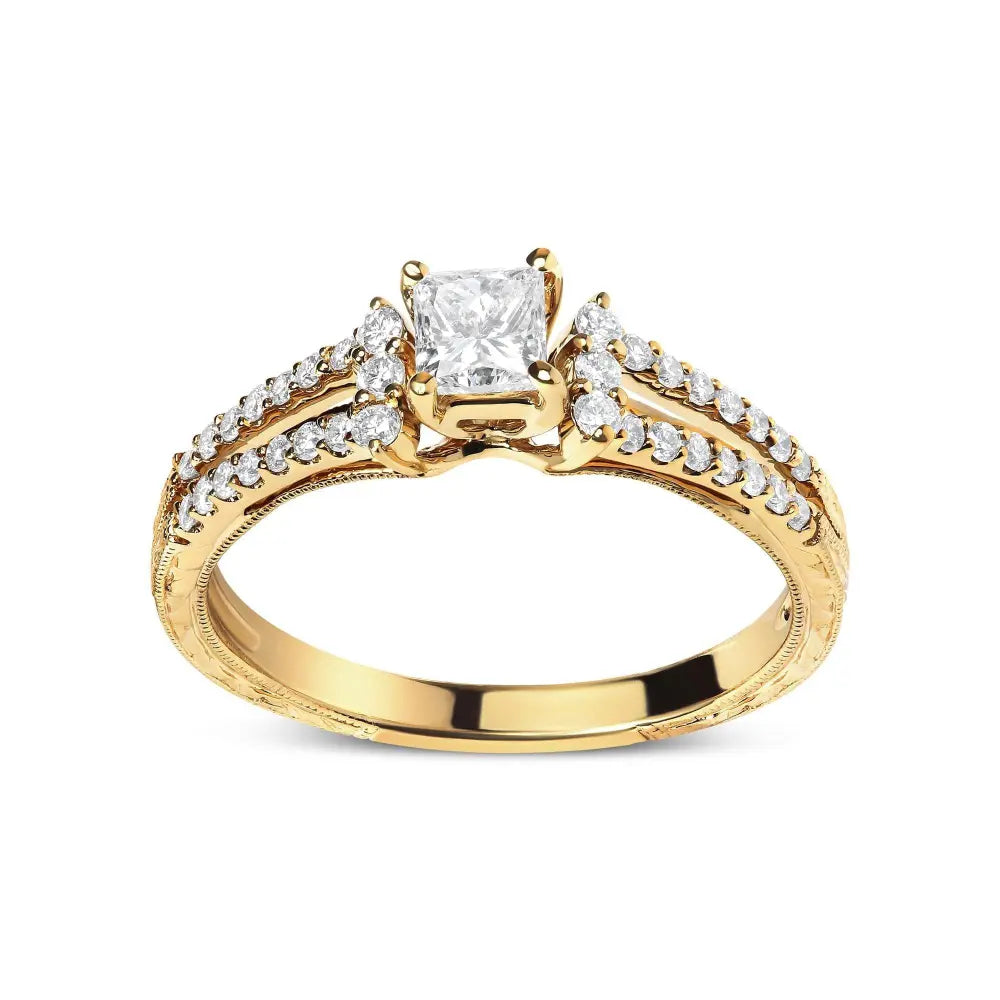 14K Yellow Gold Diamond 5/8 Cttw Princess Diamond Split Shank and Milgrain Engagement Ring (G-H Color, VS2-SI1 Clarity) - Size 7 - Bijoux-NYC Direct
