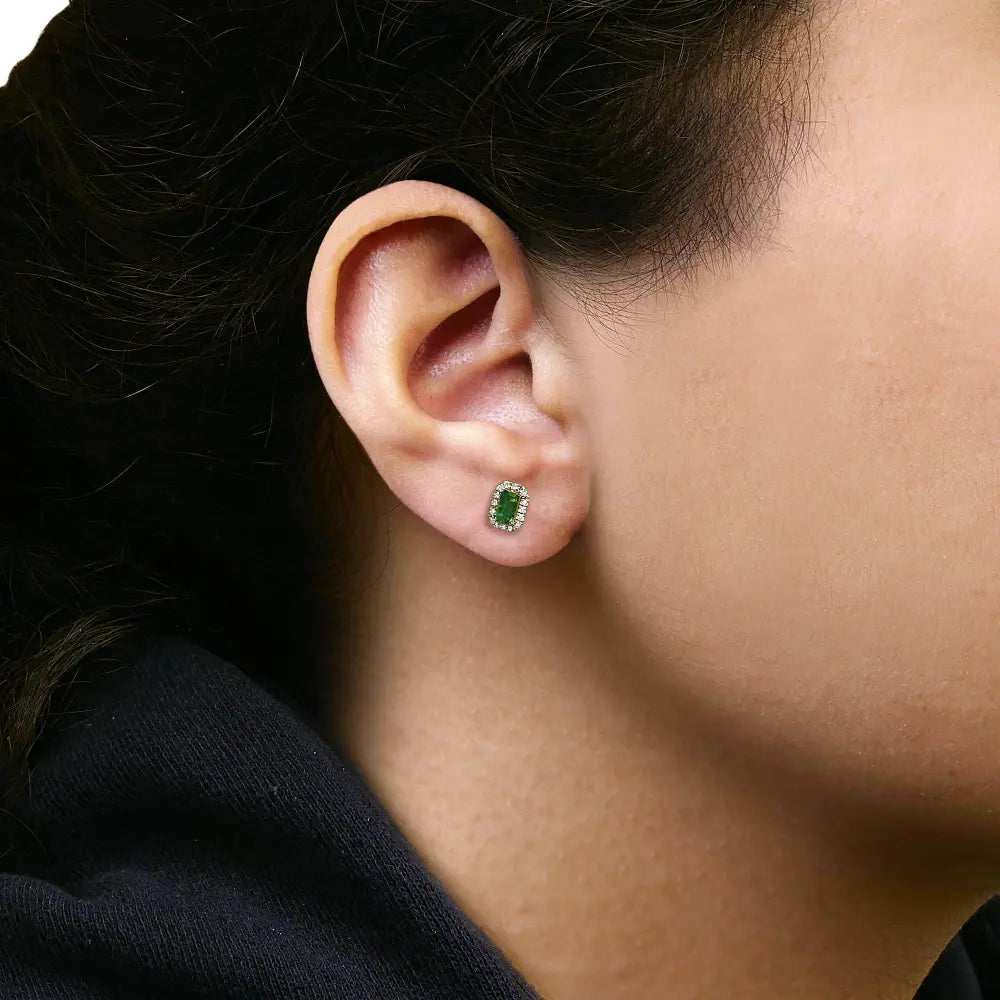 14K Yellow Gold Green Emerald and 1/8 Cttw Diamond Halo Octagonal Shaped Stud Earrings (I-J Color, I1-I2 Clarity) - Bijoux-NYC Direct