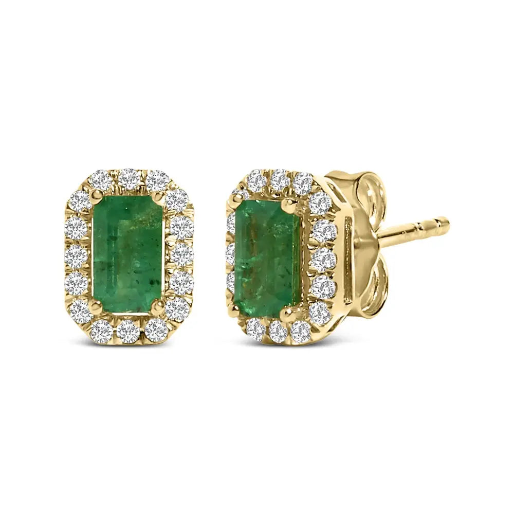 14k yellow gold emerald and 1/8 cttw diamond halo stud earrings bijoux-nyc direct