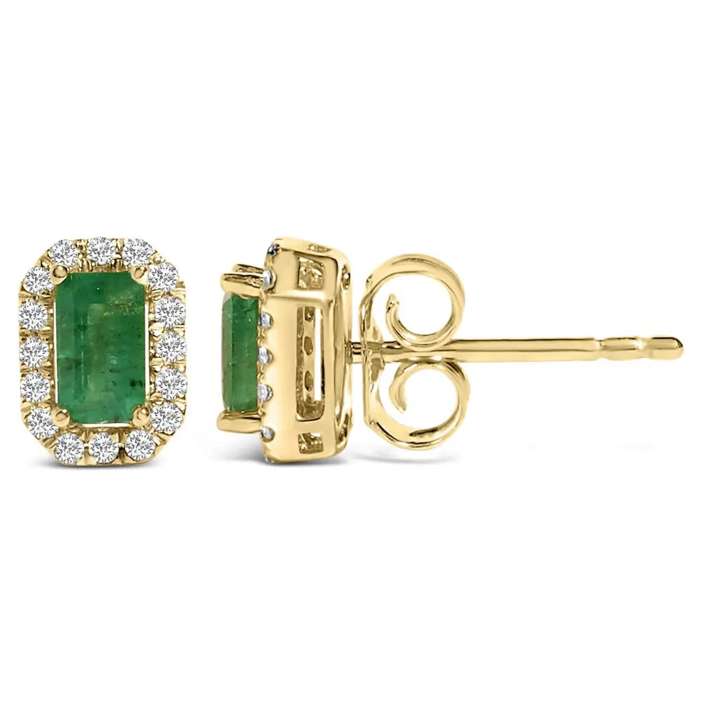 14K Yellow Gold Green Emerald and 1/8 Cttw Diamond Halo Octagonal Shaped Stud Earrings (I-J Color, I1-I2 Clarity) - Bijoux-NYC Direct