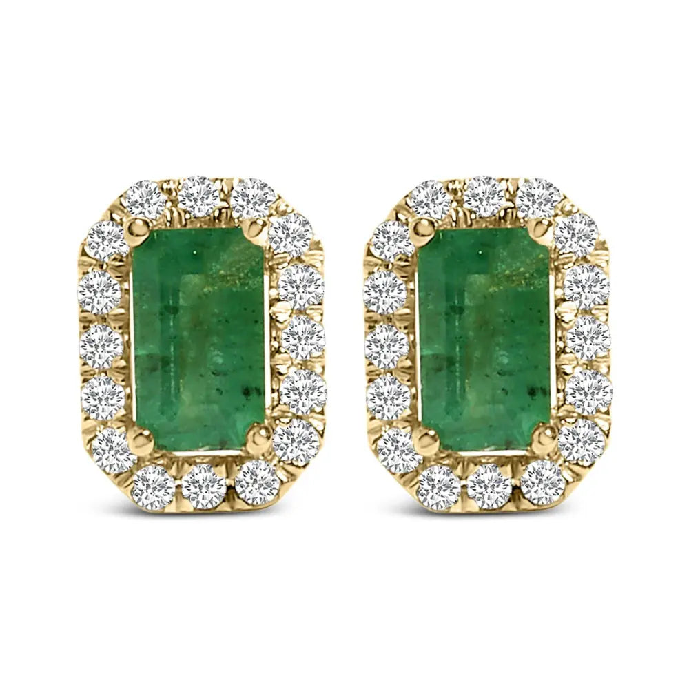 14K Yellow Gold Green Emerald and 1/8 Cttw Diamond Halo Octagonal Shaped Stud Earrings (I-J Color, I1-I2 Clarity) - Bijoux-NYC Direct