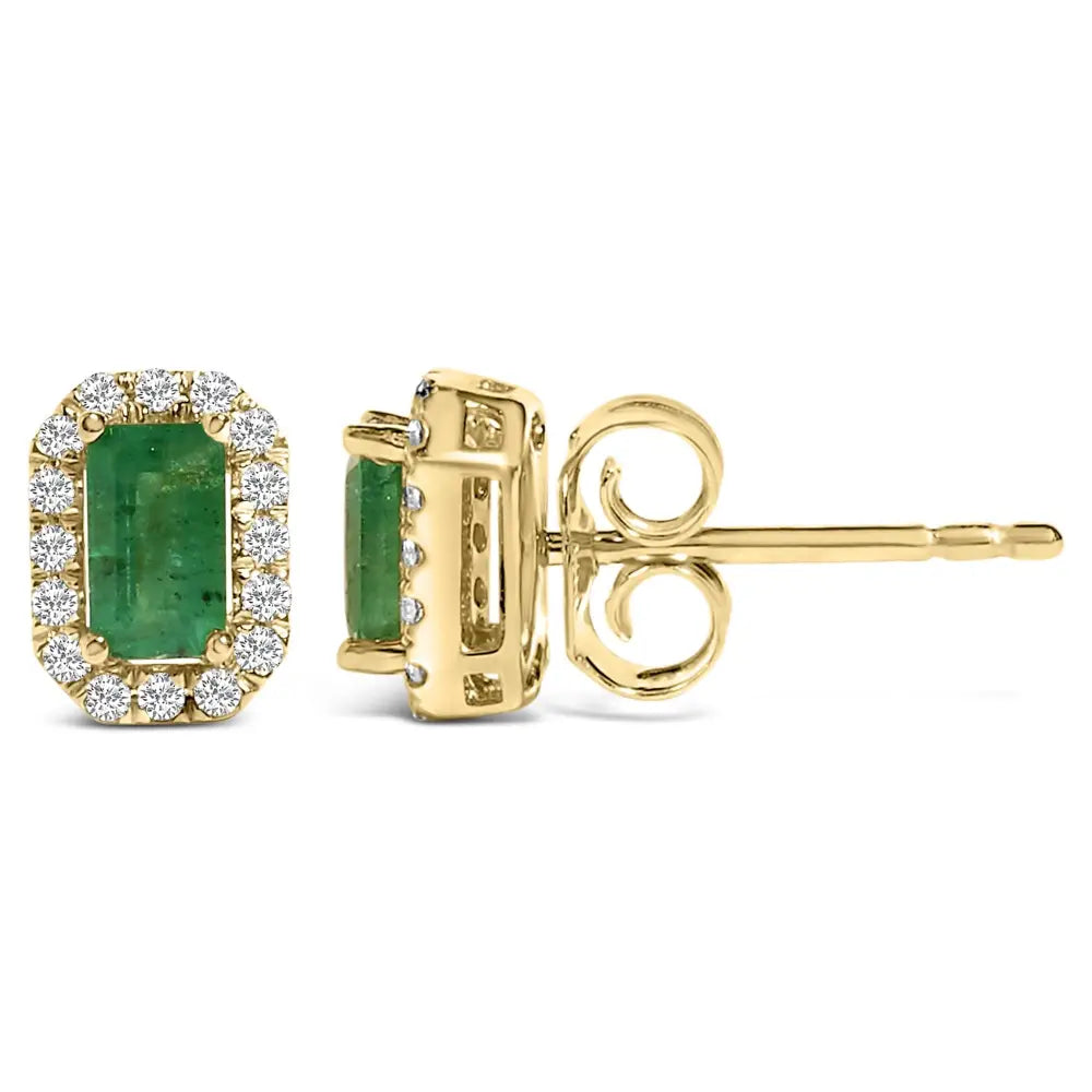 14k yellow gold emerald and 1/8 cttw diamond halo stud earrings bijoux-nyc direct