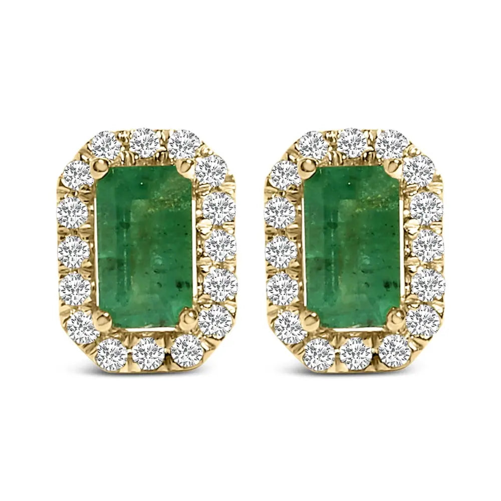 14k yellow gold emerald and 1/8 cttw diamond halo stud earrings bijoux-nyc direct